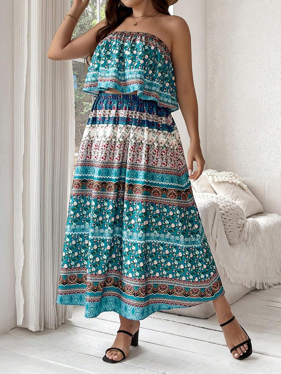 SHEIN Clasi Kích thước lớn Hoa In Áo Bandeau  Và Bộ váy - Nhiều màu - Xem 1