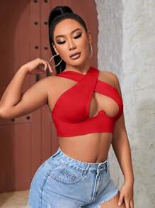 SHEIN SXY Women's Solid Color Cross Front Cut Out Crop Top - Red - View 3