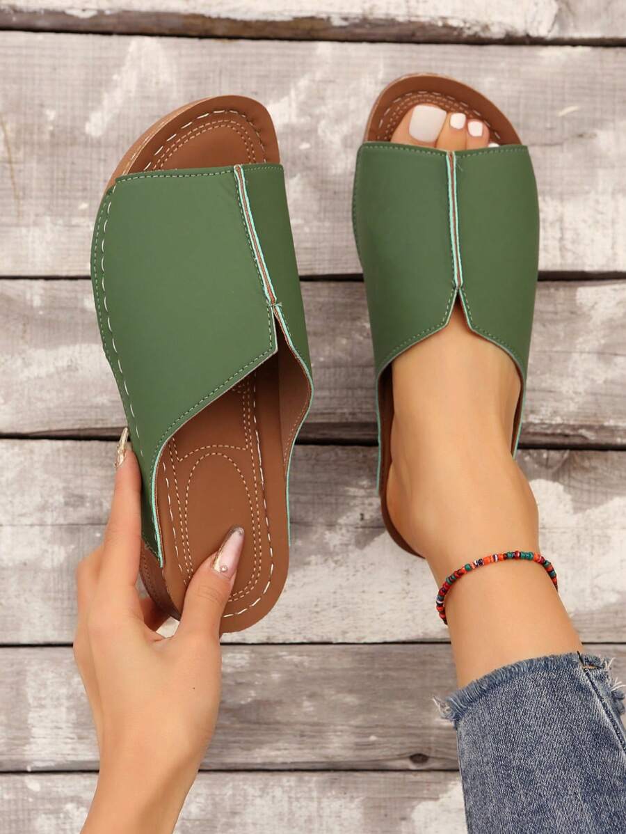 Mùa Xuân Nữ Mới Xuất Hiện Peep Toe Đế Nêm Con La Với Thiết Kế Slip-On Và Đế Dày, thời Trang Và Thoải Mái - màu xanh lá - Xem 1
