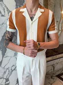 Men's Contrast Color Patchwork Turndown Collar Short Sleeve Knit Top - Beige - View 3