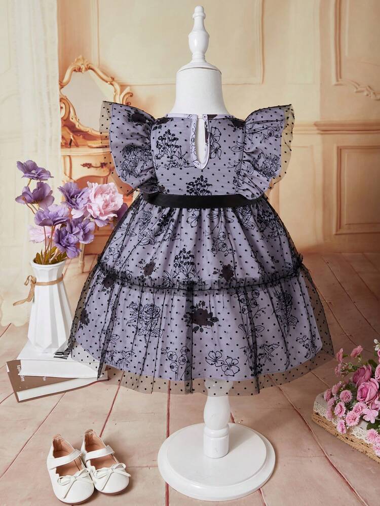 Fashionable Baby Girl Floral Print Mesh Contrast Ruffle Trimmed Princess Dress With Ribbon Bow