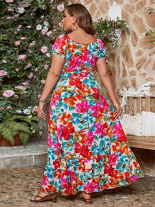 SHEIN VCAY Robe Longue Fendue Romantique À Imprimé Floral De Grande Taille Pour Vacances