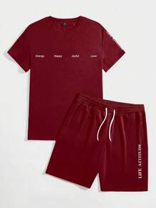 Manfinity Homme Nam In thư Vòng cổ Ngắn tay Áo thun Và Bộ quần short - Đỏ - Xem 3
