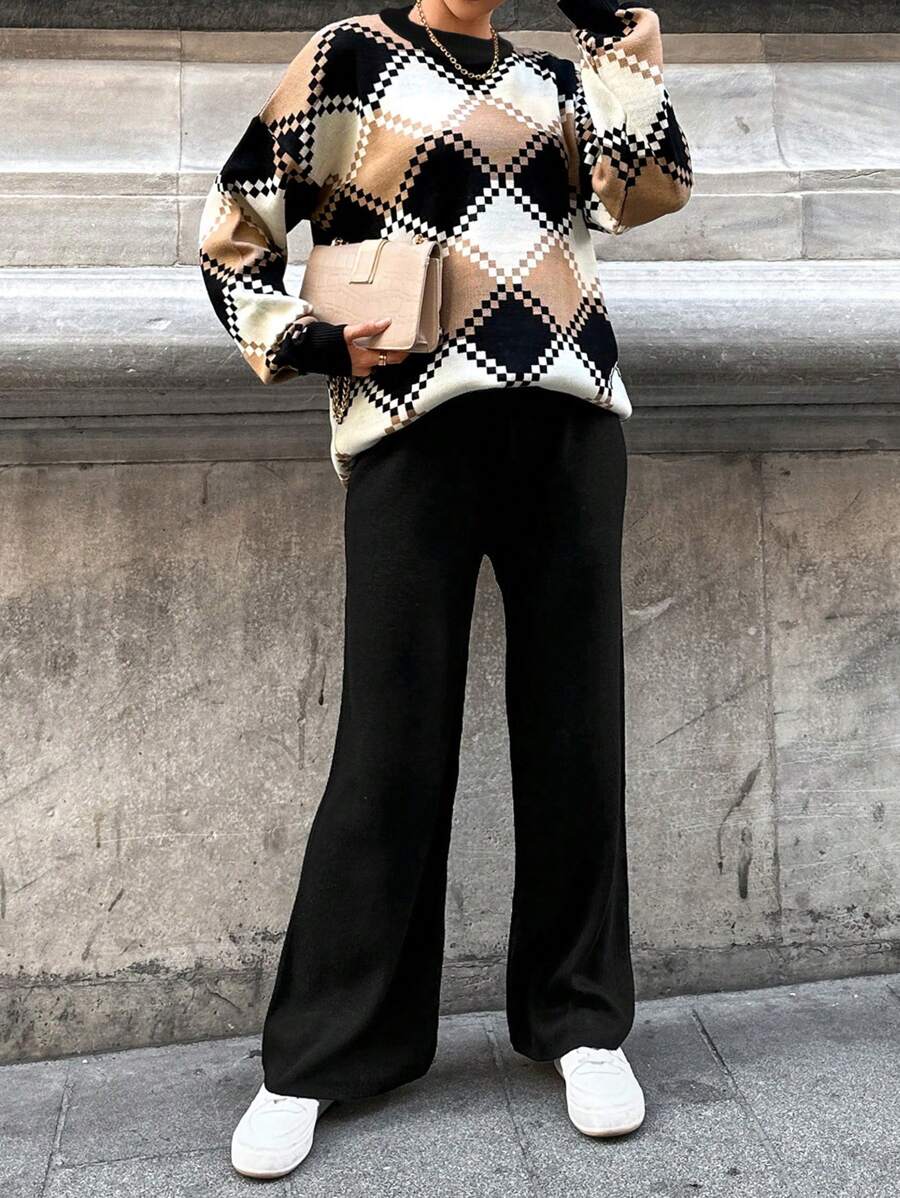 Cloudara Argyle Pattern Drop Shoulder Sweater & Knit Pants - Black - View 1