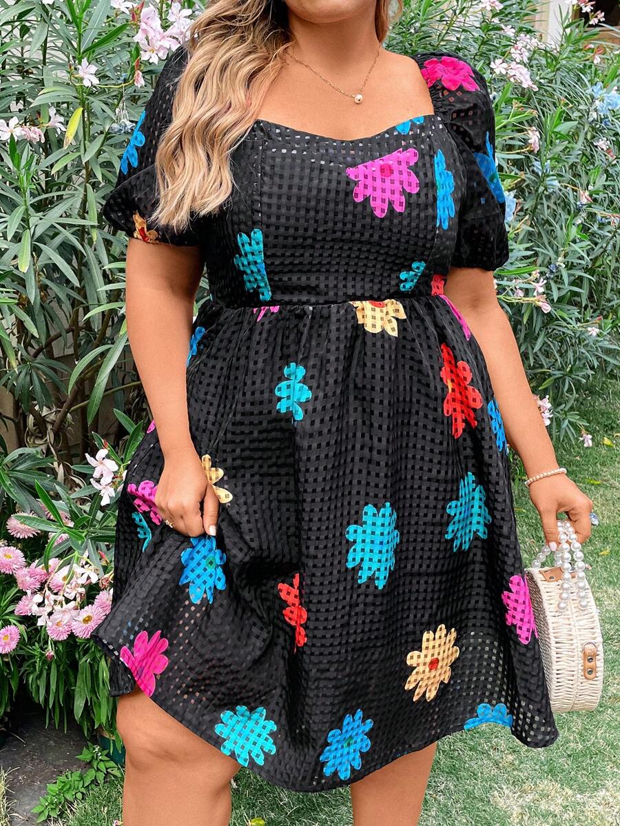 Flirla Plus Size Women's Floral Printed Short Bubble Sleeve Dress - Multicolor - View 1