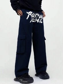 ROMWE MEN Street Life Celana Pria Kolor Kantong Huruf Casual - Biru - View 6