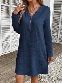 EMERY ROSE 女式拉鍊半開襟卷起袖口連衣裙 - 藏蓝色 - 查看 5