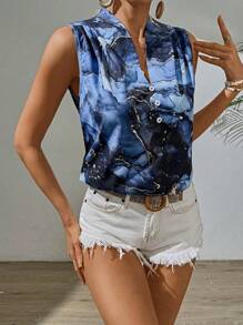 SHEIN Essnce Của phụ nữ Hoa văn đá cẩm thạch Không tay Áo sơ mi Với Vai - Màu xanh lam - Xem 3