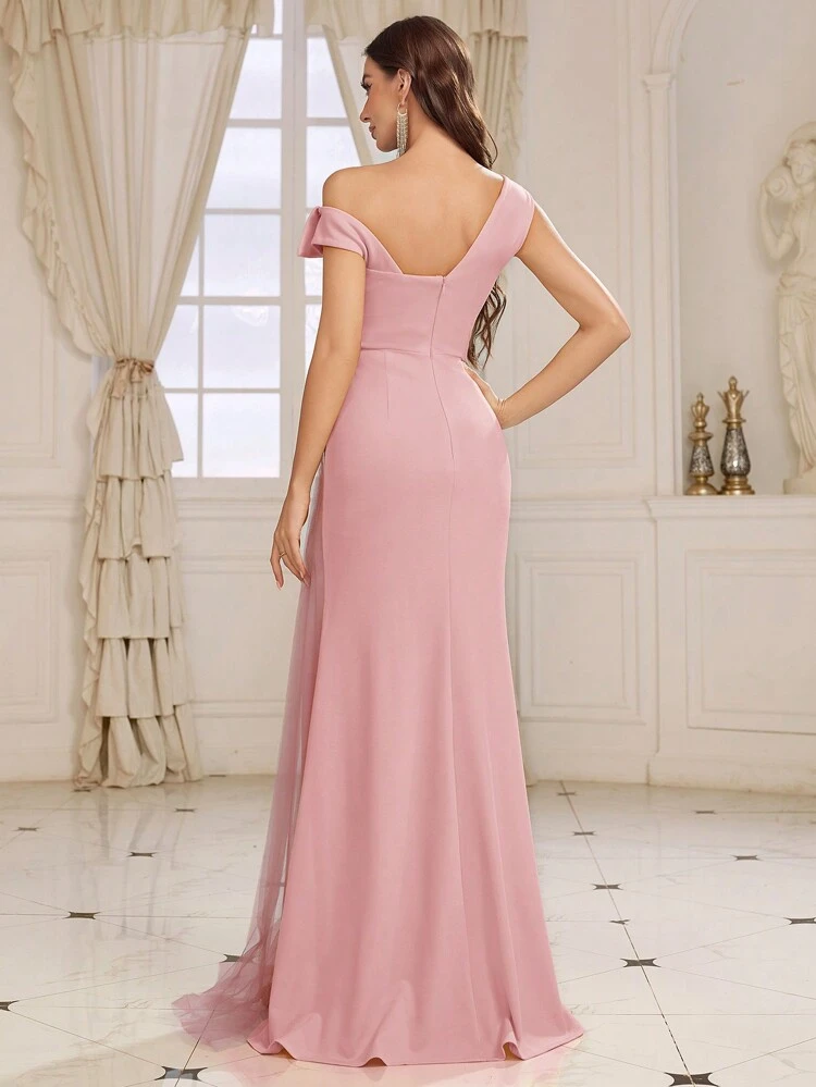 Women's Formal Evening Dress With Asymmetrical Pleats, High Side Slit Formal Ball Gown For Women