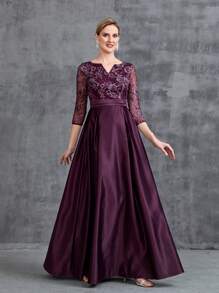 Faeriesty Mosy Notched V-Neck & Three-Quarter Sleeve A-Line Mother Of The Bride Dress With Lace Bodice And Satin Skirt For Wedding, Formal Ceremony, Banquet, Gala, And Church Event