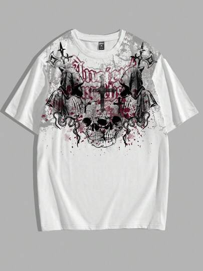 Goth T-shirt col rond à imprimé lettres et crâne pour hommes, style école, années 2000