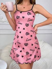 Ladies' Heart & Letter Print Sleeveless Nightdress - Pink - View 1
