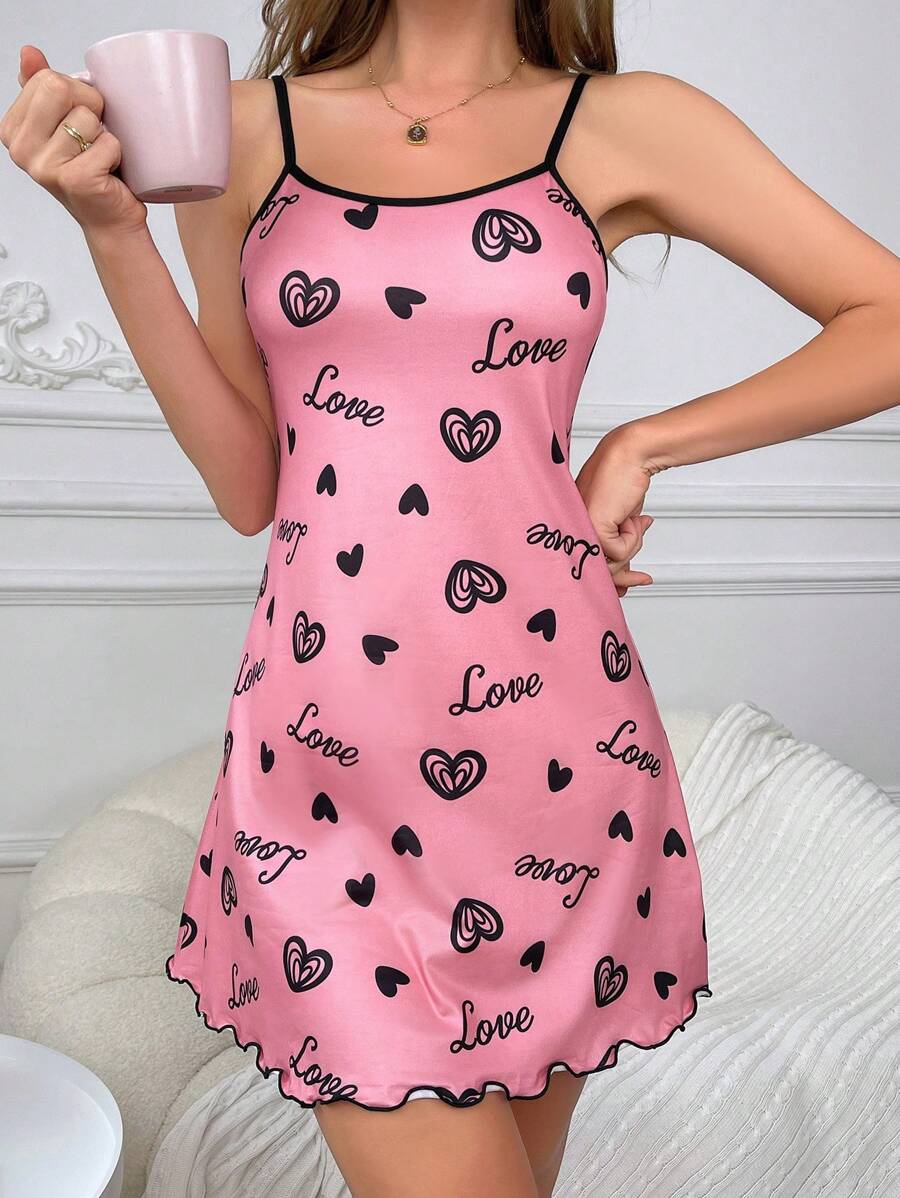 Ladies' Heart & Letter Print Sleeveless Nightdress - Pink - View 1