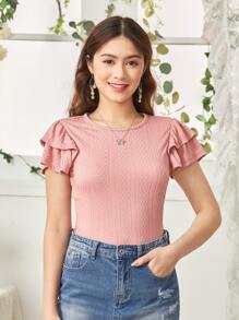 SHEIN Leap Crew 少女編織提花紋理雙層荷葉邊短袖休閒t恤 - 粉色 - 查看 1