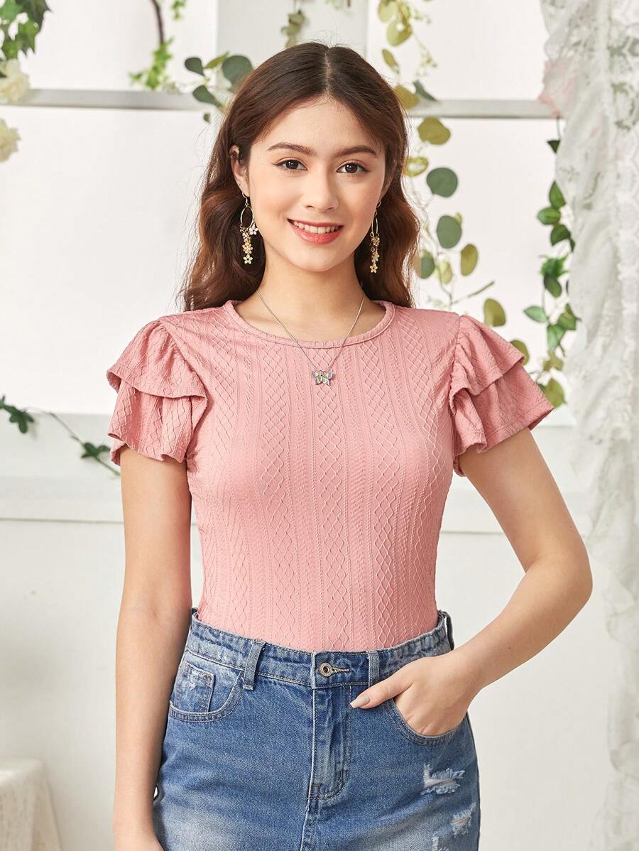 SHEIN Leap Crew 少女編織提花紋理雙層荷葉邊短袖休閒t恤 - 粉色 - 查看 1
