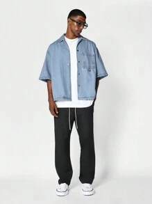 SUMWON Boxy Fit Revere Collar Denim Shirt - Light Wash - View 3
