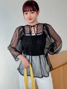 FRIFUL Women's Sheer Mesh Cami Top With Strap - Black - View 6