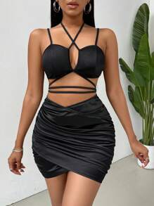 Zolique Cross Lace-Up Ruffle Dress - Black - View 6