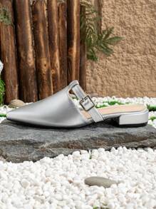 2024年新款春季低跟尖頭帶扣半拖鞋女款,適用於戶外 - 銀色 - 查看 3