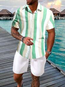 Manfinity Homme 男士条纹拼色衬衫和短裤男士夏季套装白色青少年男孩套装男装夏季