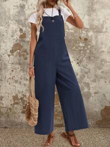 EMERY ROSE Women's Summer Solid Color Wide Leg Jumpsuit Cotton Jumpers And Women Rompers - Blue - View 4