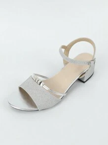 Fashionable Elegant Silver Glitter Strap Comfortable Open-Toe Chunky Heel Sandals For Women, Versatile