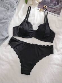 Solid Color Spaghetti Strap Bra & Panty Underwear Lingerie Set - Black - View 3