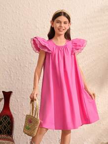 Tween Girl's Woven Solid Color Sweet And Loose Dress With Ruffle And Decoration On Sleeves - Hot Pink - View 2