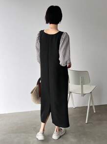 FRIFUL 女士條紋拼接中長款連衣裙 - 黑色 - 查看 5