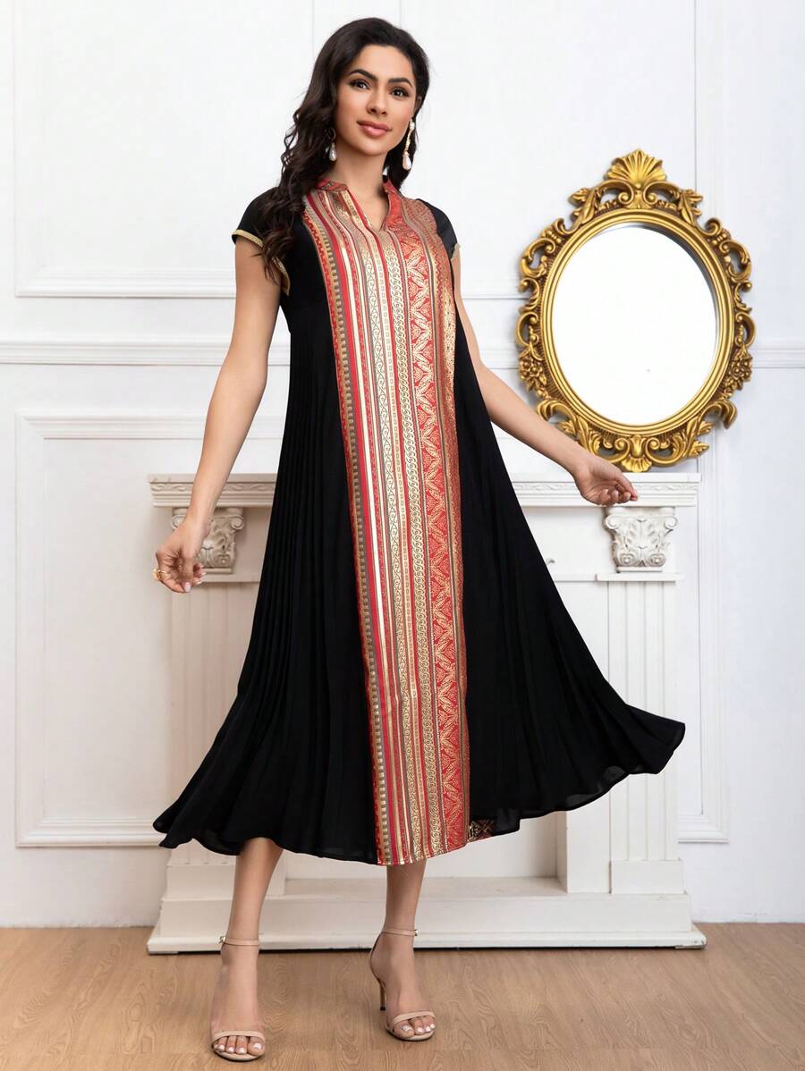 Elegant Contrast Leaf Print Notched Neckline Cap Sleeve Dress - Multicolor - View 1