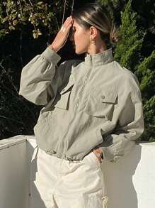 DAZY 純色寬鬆長袖拉鍊口袋束口下擺夾克 - 綠色 - 查看 4