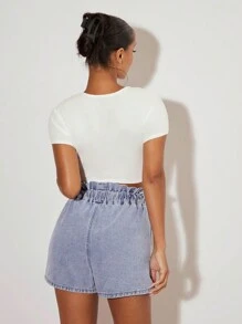 SHEIN BASICS Áo thun nữ cổ tròn tay ngắn màu trơn đơn giản thường ngày - trắng - Xem 2