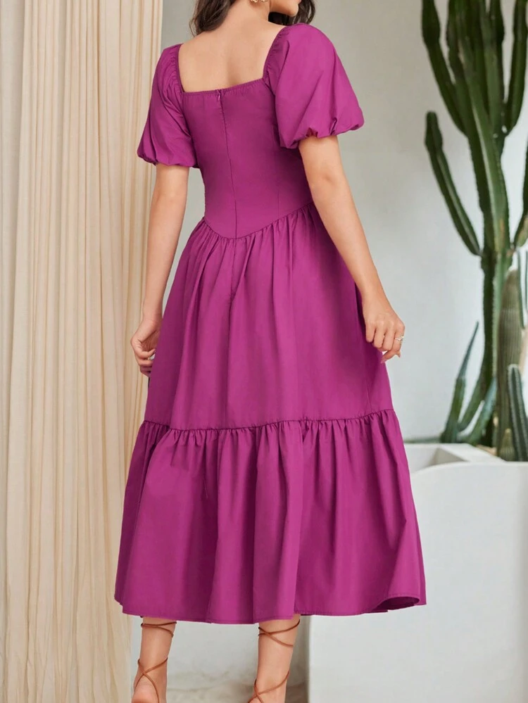 Women's Solid Color Puff Sleeve Dress