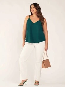 SHEIN BASICS Parte superior de verano tipo camiseta sin mangas de unicolor para tallas grandes - Verde Oscuro - Ver 3