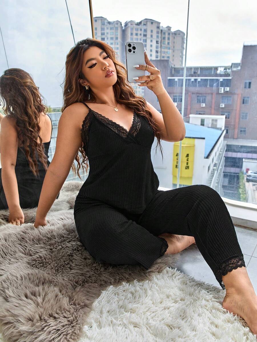 Plus Contrast Lace Cami Top & Trousers PJ Set - Black - View 1