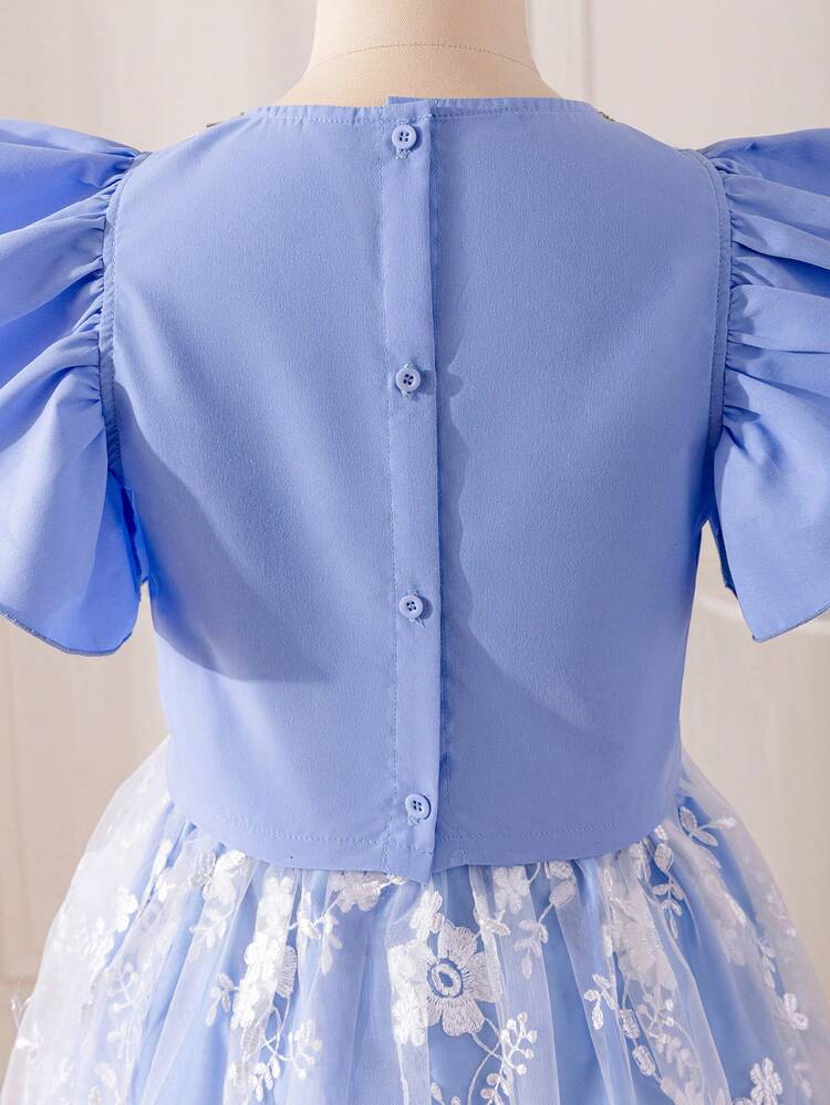 Tween Girl's Floral Embroidered Shirt With Ruffle Trim & Back Slit Detailing, Paired With Embroidered Mesh Skirt