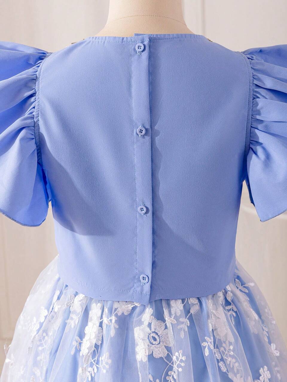 Tween Girl's Floral Embroidered Shirt With Ruffle Trim & Back Slit Detailing, Paired With Embroidered Mesh Skirt