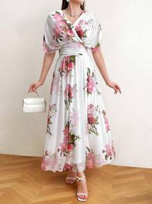 Modelyn Women's Floral Print Batwing Sleeve Dress With Waist Pleats Long Evening Dresses