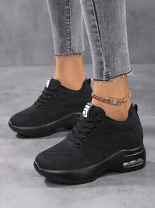 Fall/Winter Women's Lightweight Mesh Sneakers, Platform Low Top Lace Up Height Increased Casual Shoes, Women's Sport Footwear - Black - View 4