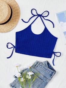 Soleia Holiday Leisure Blue Ribbed Texture Halter Neck Strap Top - Blue - View 1