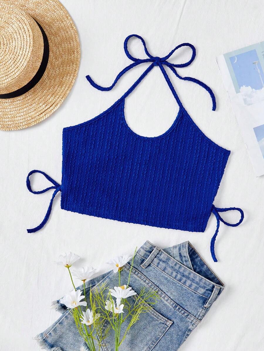 Soleia Holiday Leisure Blue Ribbed Texture Halter Neck Strap Top - Blue - View 1