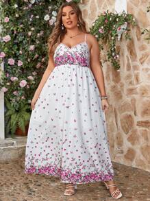 SHEIN VCAY Vestido De Talla Grande Con Estampado Floral Y Estilo De Vacaciones Con Tirantes Al Cuello