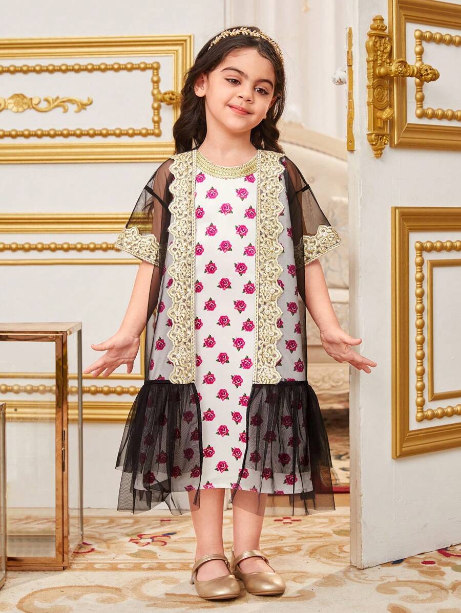 SHEIN Leap Crew 少女2入組鬆身可愛圓領長裙和有刺繡及撬花的網紗外套 - 彩色 - 查看 1