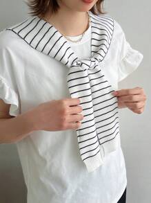 DAZY Women's Striped Poncho, Business Casual Knitted Top,Ruffle - White - View 5