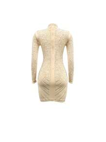 Women's Sexy Stand Collar Nightclub Party Rhinestone Mesh Sheer Dress - Apricot - View 6