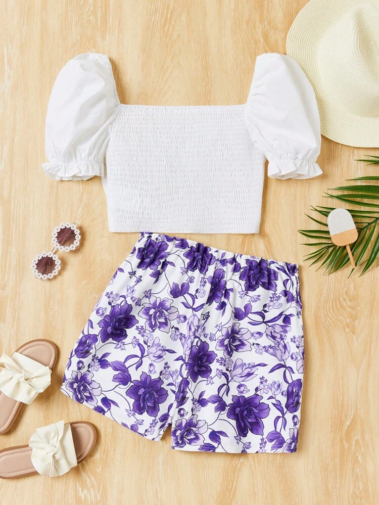 Teen Girl Casual Puff Sleeve Shirt And Flower Print Shorts Two Pieces Set