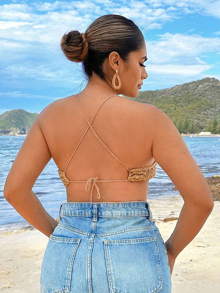 Summer Vacation Beach Cropped Khaki Tank Top For Summer