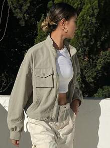 DAZY 純色寬鬆長袖拉鍊口袋束口下擺夾克 - 綠色 - 查看 1