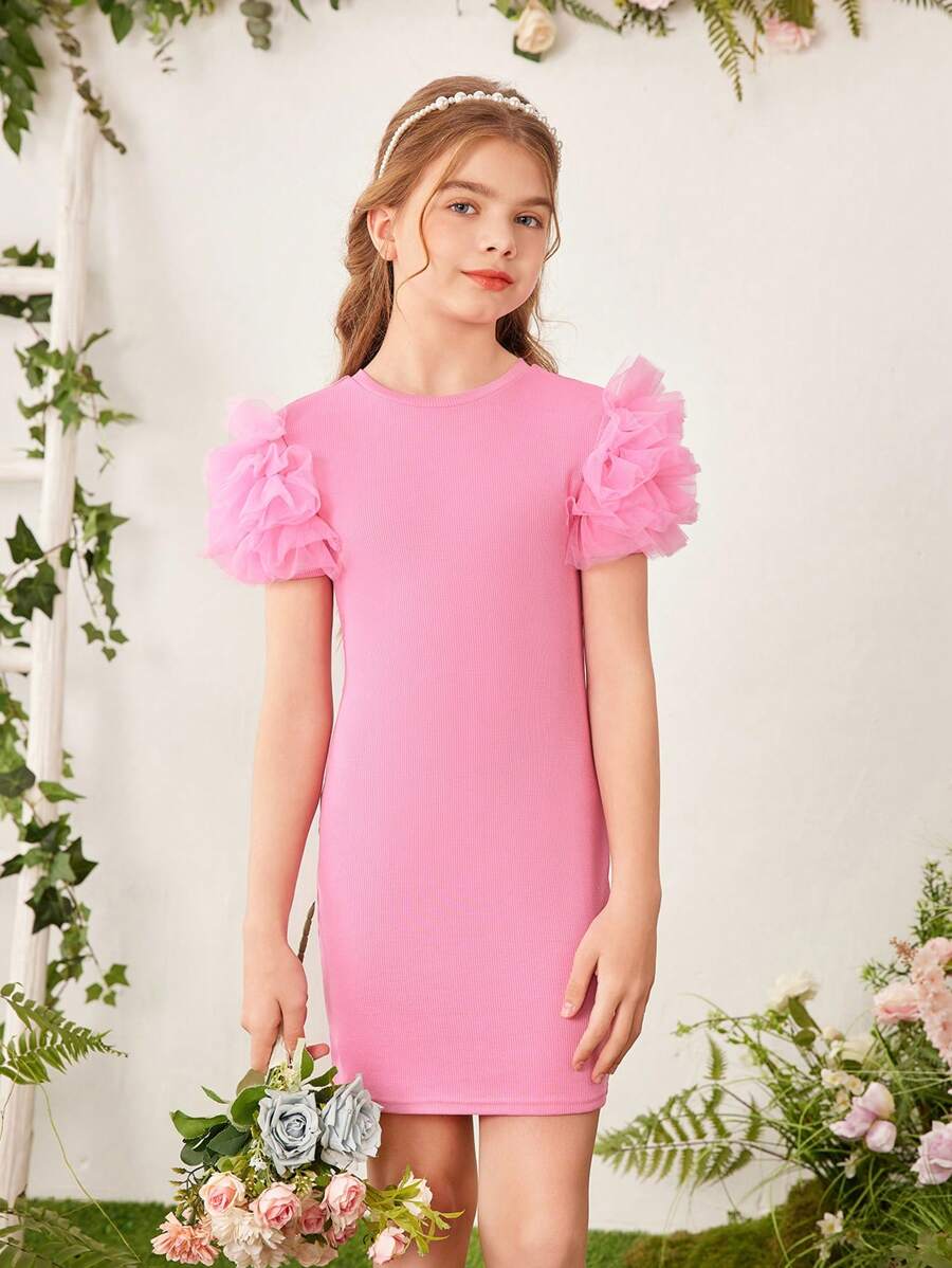 SHEIN Cô gái Tween Vòng cổ Không tay Đan Sọc Đầm Với 3D Ren lưới Đồ trang trí - Màu Hồng Tươi - Xem 1