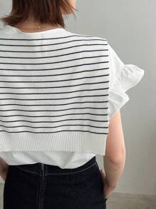 DAZY Women's Striped Poncho, Business Casual Knitted Top,Ruffle - White - View 6